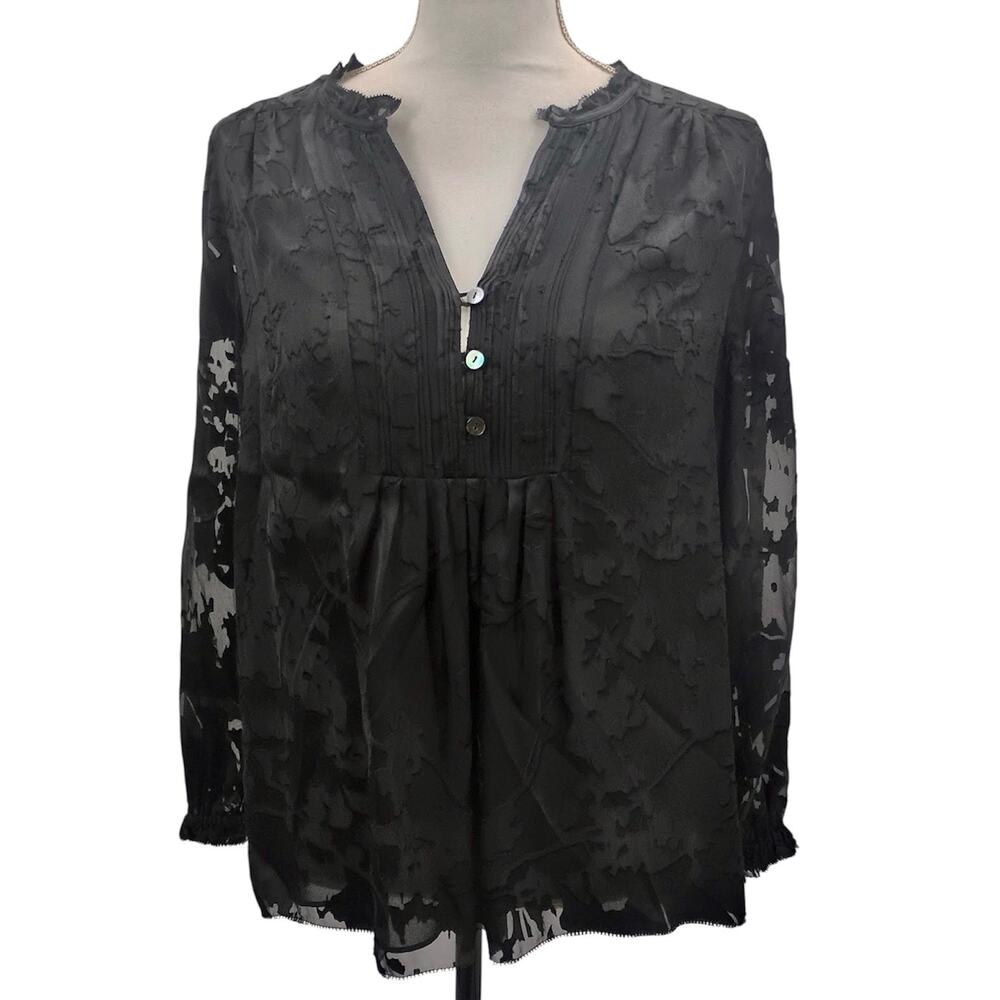 Diane von Furstenberg Annalise Silk Blend Top Burnout Semi Sheer Black DvF 8